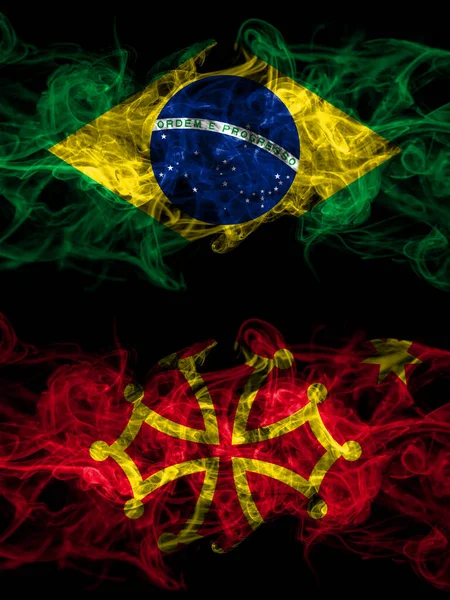 Brazil, Brazilian vs Occitania smoky mystic flags placed side by side. Thick colored silky abstract smoke flags.
