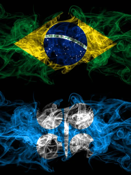 Brazil, Brazilian vs OPEC smoky mystic flags placed side by side. Thick colored silky abstract smoke flags.