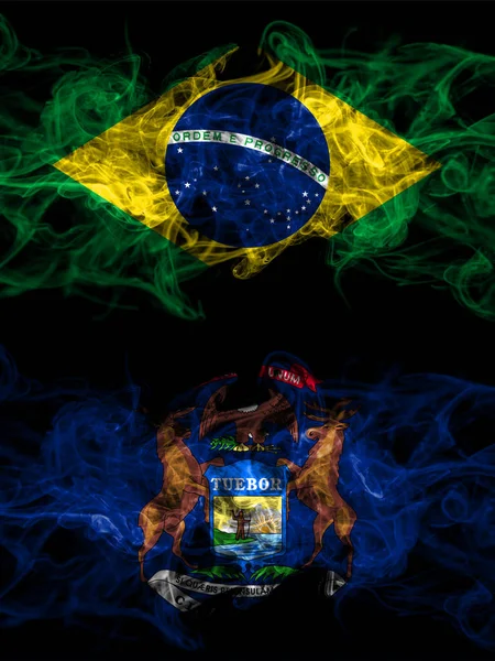 Brezilya, Brezilya, Amerika Birleşik Devletleri, Amerika, ABD, ABD, Amerika, Michigan 'a karşı yan yana yerleştirilmiş dumanlı mistik bayraklar. Kalın renkli ipeksi soyut duman bayrakları.