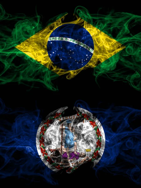 Brezilya, Brezilya, Amerika Birleşik Devletleri, Amerika, ABD, Amerika, Virginia 'ya karşı yan yana yerleştirilmiş dumanlı mistik bayraklar. Kalın renkli ipeksi soyut duman bayrakları.