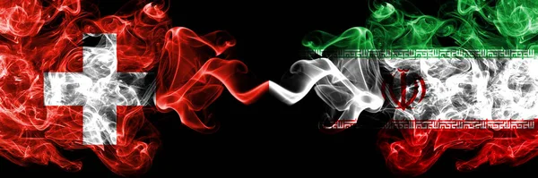 Švýcarsko Švýcarsko Írán Íránské Kouřové Mystické Vlajky Umístěné Bok Boku — Stock fotografie