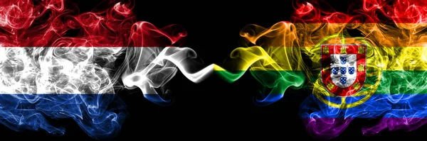 Netherlands Portugal Portuguese Gay Pride Smoky Mystic Flags Placed Side — Stock Photo, Image
