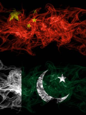 China, Chinese vs Pakistan, Pakistani smoky mystic flags placed side by side. Thick colored silky abstract smoke flags.