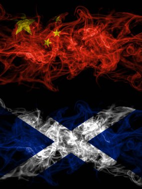 China, Chinese vs Scotland, Scottish, Scots smoky mystic flags placed side by side. Thick colored silky abstract smoke flags.