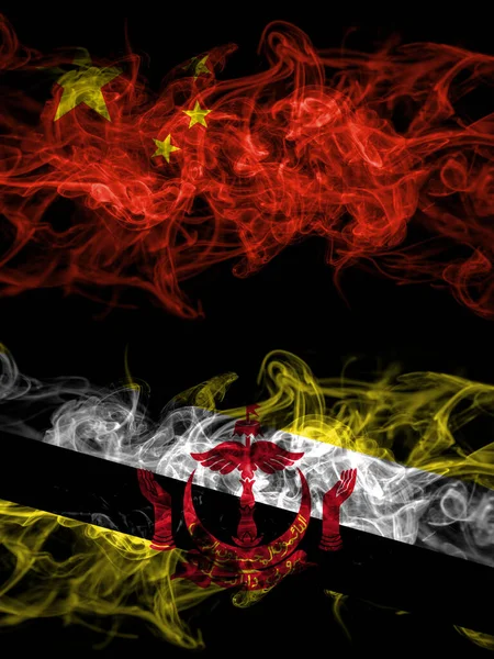 China Chinese Brunei Bruneian Smoky Mystic Flags Placed Side Side — Stockfoto