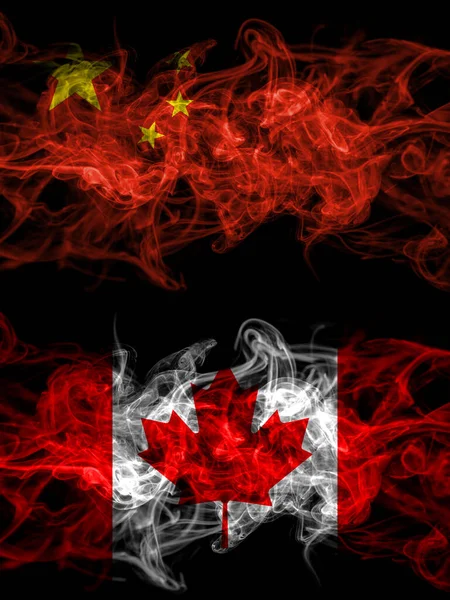 China Chinese Canada Canadian Smoky Mystic Flags Placed Side Side — Fotografia de Stock