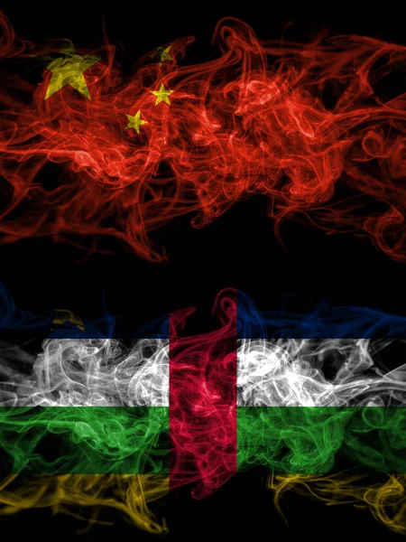 China Chinese Central African Republic Smoky Mystic Flags Placed Side — Stock Photo, Image