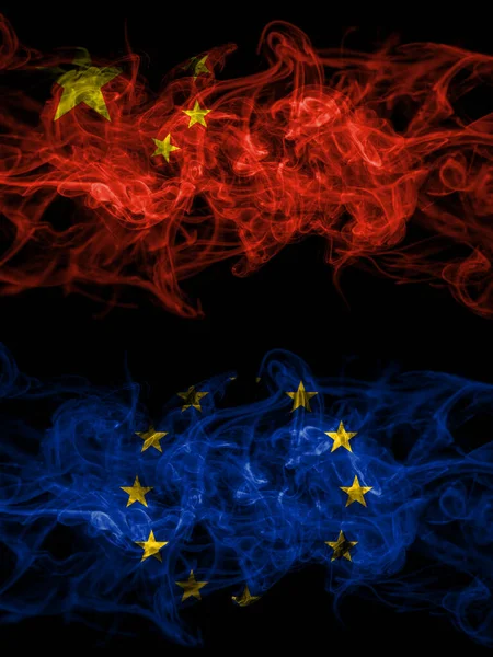 China Chinese Europe European European Union Smoky Mystic Flags Placed — Foto Stock