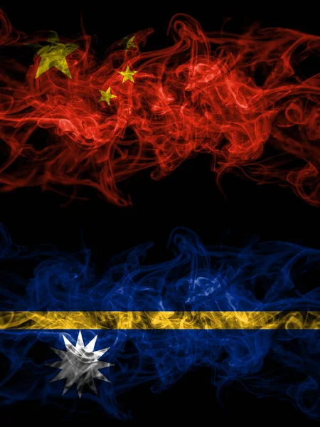 China Chinese Nauru Nauruan Smoky Mystic Flags Placed Side Side — Stock Photo, Image