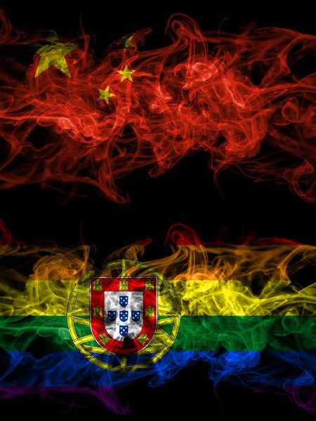 China Chinese Portugal Portuguese Gay Pride Smoky Mystic Flags Placed — Stok fotoğraf