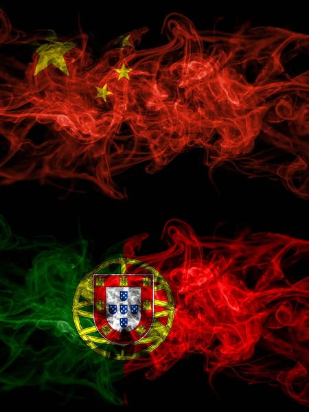 China Chinese Portugal Portuguese Smoky Mystic Flags Placed Side Side — 图库照片