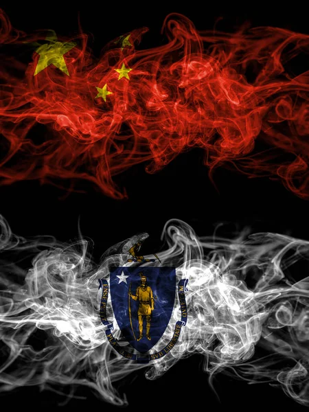 China, Chinese vs United States of America, America, US, USA, American, Massachusetts smoky mystic flags placed side by side. Thick colored silky abstract smoke flags.