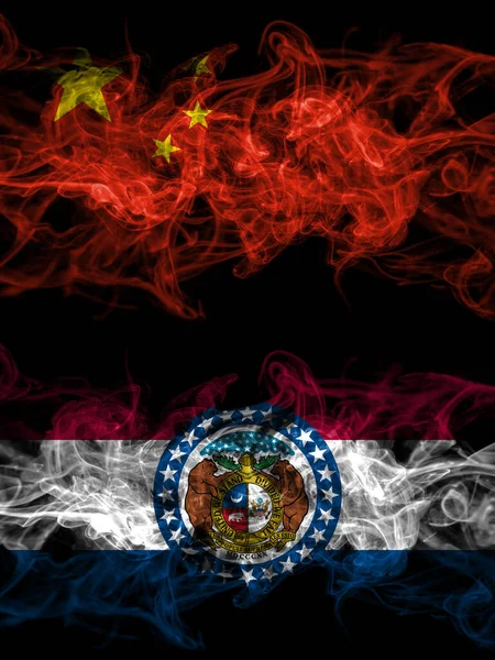 China, Chinese vs United States of America, America, US, USA, American, Missouri smoky mystic flags placed side by side. Thick colored silky abstract smoke flags.