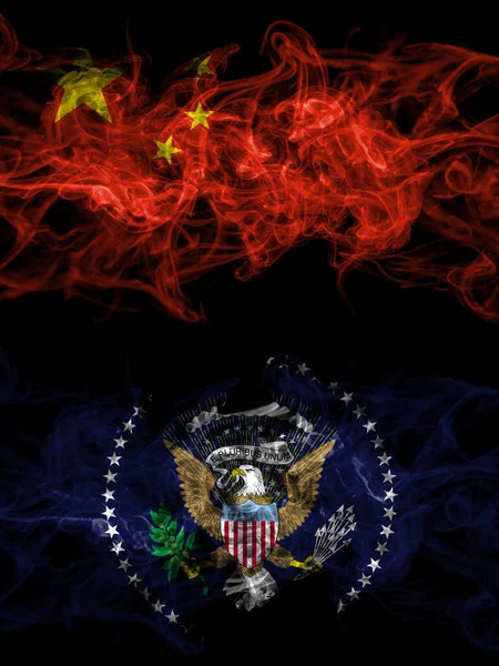 China, Chinese vs United States of America, America, US, USA, American, President smoky mystic flags placed side by side. Thick colored silky abstract smoke flags.