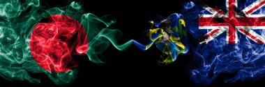 Bangladeş, Bangladeş, Britanya, Pitcairn Adaları 'na karşı yan yana yerleştirilmiş dumanlı mistik bayraklar. Kalın renkli ipeksi soyut sigara bayrakları.