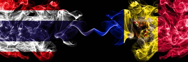 Thailand Thai Andorra Andorran Smoky Mystic Flags Placed Side Side — Stock Photo, Image