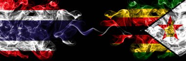 Thailand, Thai vs Zimbabwe, Zimbabwean, Zimbo smoky mystic flags placed side by side. Thick colored silky abstract smokes flags.