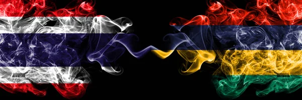 Thailand Thai Mauritius Smoky Mystic Flags Placed Side Side Thick — Stock Photo, Image