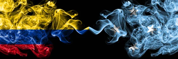 Kolumbie Kolumbie Mikronésie Kouřové Mystické Vlajky Umístěné Bok Boku Silné — Stock fotografie
