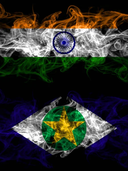 India, Indian vs Brazil, Brazilian, Mato Grosso smoky mystic flags placed side by side. Thick colored silky abstract smoke flags.