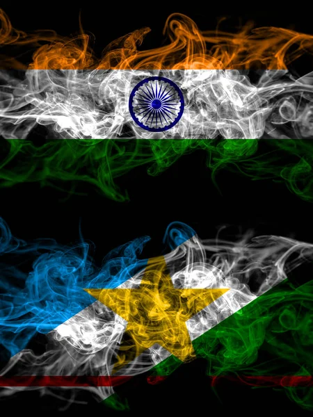 India, Indian vs Brazil, Brazilian, Roraima smoky mystic flags placed side by side. Thick colored silky abstract smoke flags.