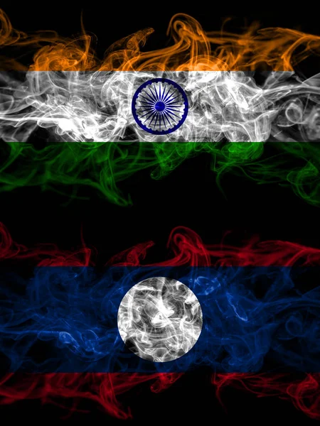 India Indian Laos Rokerige Mystieke Vlaggen Naast Elkaar Geplaatst Dikke — Stockfoto