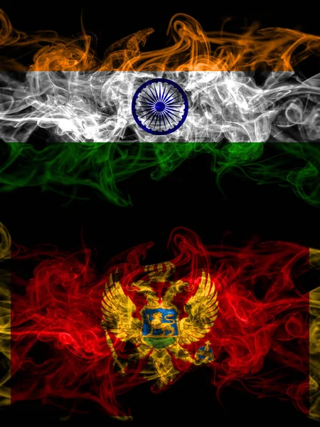 印度对黑山 黑山烟熏神秘的旗帜并排放置 浓密的彩色丝状抽象烟旗 — 图库照片