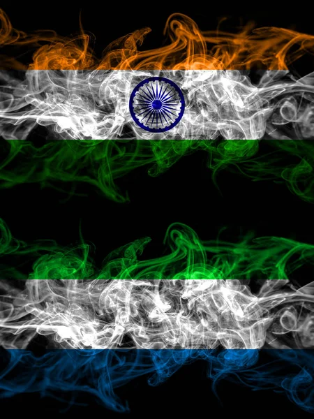 印度对塞拉利昂 烟熏神秘的旗帜并排放置 浓密的彩色丝状抽象烟旗 — 图库照片