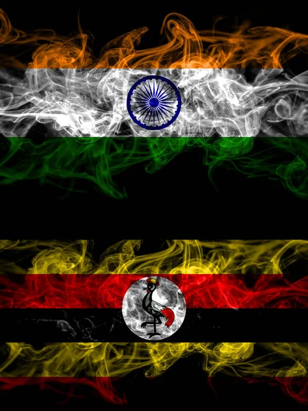 India Indian Uganda Rokerige Mystieke Vlaggen Naast Elkaar Geplaatst Dikke — Stockfoto