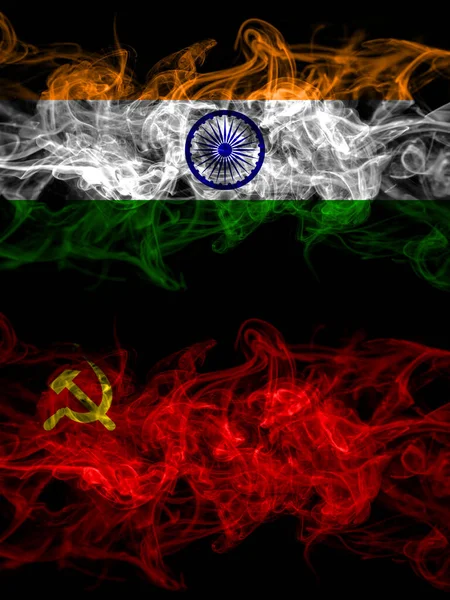 India Indian Ussr Soviet Russia Russian Communism Smoky Mystic Flags — Stock Photo, Image