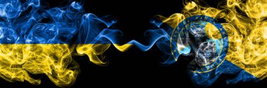 Ukraine, Ukrainian vs United States of America, America, US, USA, American, Santa Ana, California smoky mystic flags placed side by side. Thick colored silky abstract smokes flags. clipart