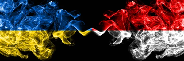 Ukraine Ukrainian Indonesia Indonesian Smoky Mystic Flags Placed Side Side — Stock Photo, Image