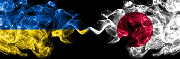 Ukrajina Ukrajina Japonsko Japonské Kouřové Mystické Vlajky Umístěné Bok Boku — Stock fotografie