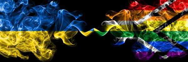 Ukraine Ukrainisch Gegen Südafrika Afrikanische Schwule Rauchige Mystikflaggen Nebeneinander Dick — Stockfoto