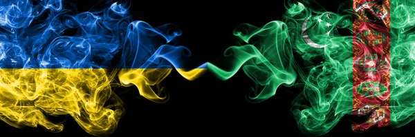 Ukraine Ukrainian Turkmenistan Smoky Mystic Flags Placed Side Side Thick — Stock Photo, Image