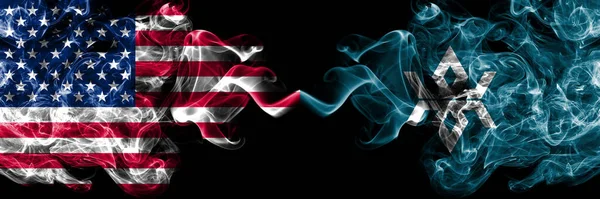 United States of America, America, US, USA, American vs Japan, Japanese, Iwate Prefecture smoky mystic flags placed side by side. Thick colored silky abstract smoke flags.