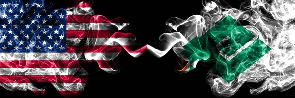 United States of America, America, US, USA, American vs Japan, Japanese, Setana, Hokkaido, Hiyama, Subprefecture smoky mystic flags placed side by side. Thick colored silky abstract smoke flags.