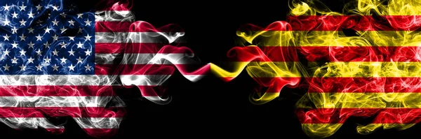 United States of America, America, US, USA, American vs Spain, Catalonia, Senyera smoky mystic flags placed side by side. Thick colored silky abstract smoke flags.