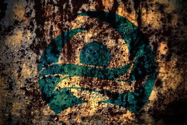 Japonya, Japonca, Yakumo, Hokkaido, Oshima, Grunge metal arka plan deseninde bayrak çizik ve çatlaklarla