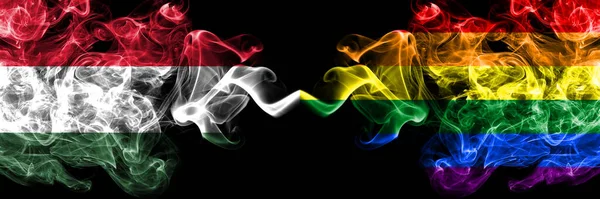 Hungria Húngaro Gay Bandeiras Fumegantes Orgulho Lado Lado — Fotografia de Stock
