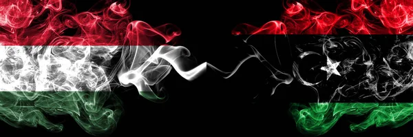 Hungary Hungarian Libya Libyan Smoky Flags Side Side — Stock Photo, Image