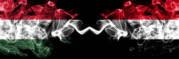 Hungary Hungarian Yemen Yemeni Smoky Flags Side Side — Stock Photo, Image