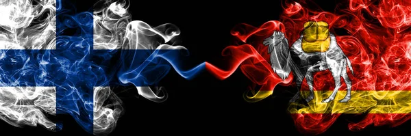 Finland Finnish Russia Russian Chelyabinsk Oblast Smoky Flags Side Side — Stock Photo, Image