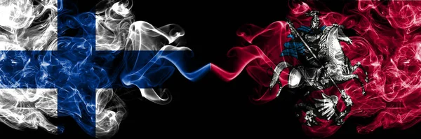 Finland Finnish Russia Russian Moscow Smoky Flags Side Side — 스톡 사진