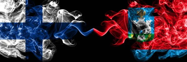 Finland Finnish Russia Russian Oryol Oblast Smoky Flags Side Side — Stock Photo, Image