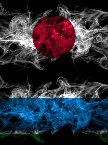 Smoke Flags Japan Japanese Russia Russian Sverdlovsk Oblast — Stock Photo, Image