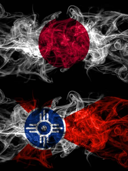 Smoke Flags Japan Japanese United States America America Usa American — Stock Photo, Image