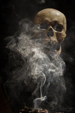 bir insan kafatası arka plan üzerinde puro içiyor