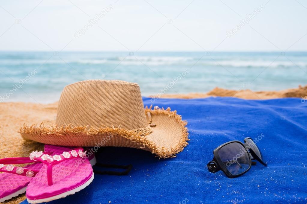 Beach accessories on a sea beach 