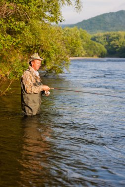 Somon balıkçı bir dağ nehir üzerinde yakalar 